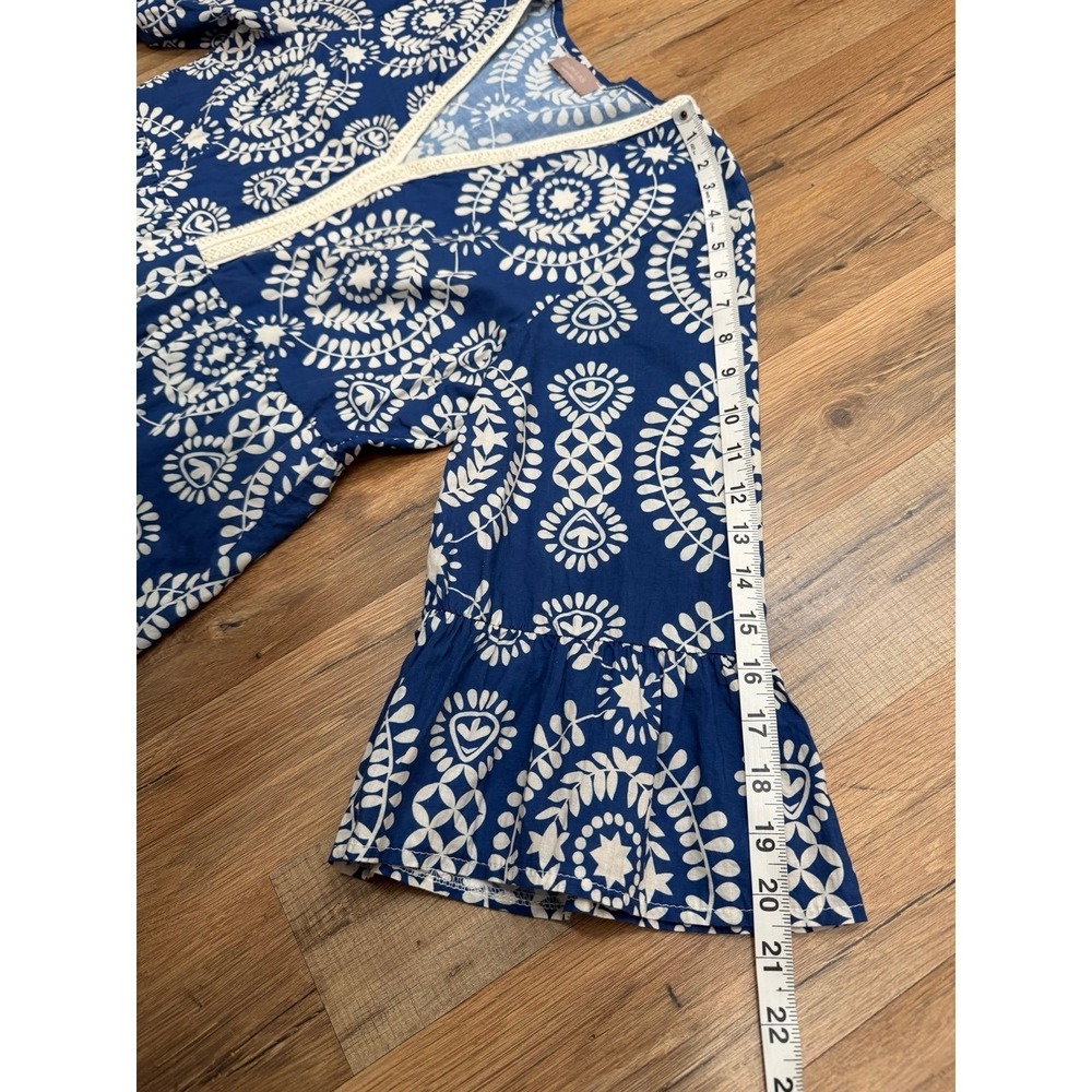 Saiph Lab Italy Blue Boho Cotton Dress L Tiered V Neck Peasant - Picture 10 of 10